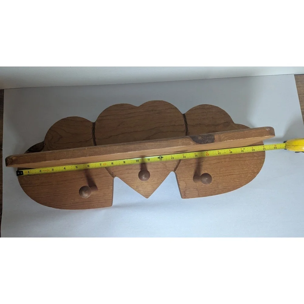 Vintage Rustic Wood Triple Heart Wall Shelf 3 Peg‎ Hooks Farmhouse Cottage Decor